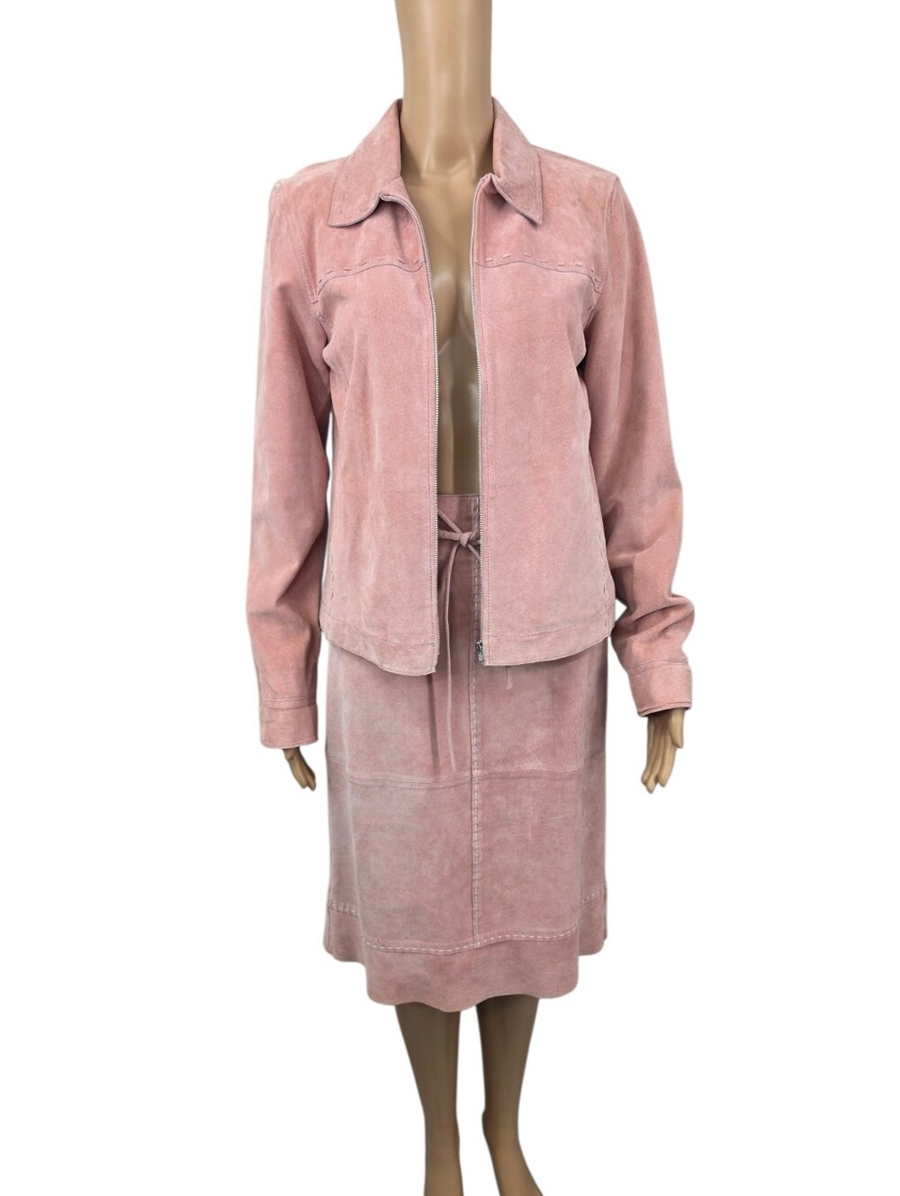 Pink Suede Leather Jacket and Midi Skirt Matching Western Set
